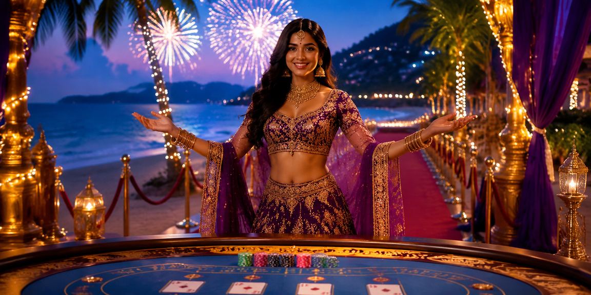 View of Goa beach with baccarat gaming atmosphere glowing blue and gold