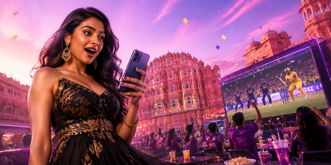Night view of Jaipur city with cricket and betting theme